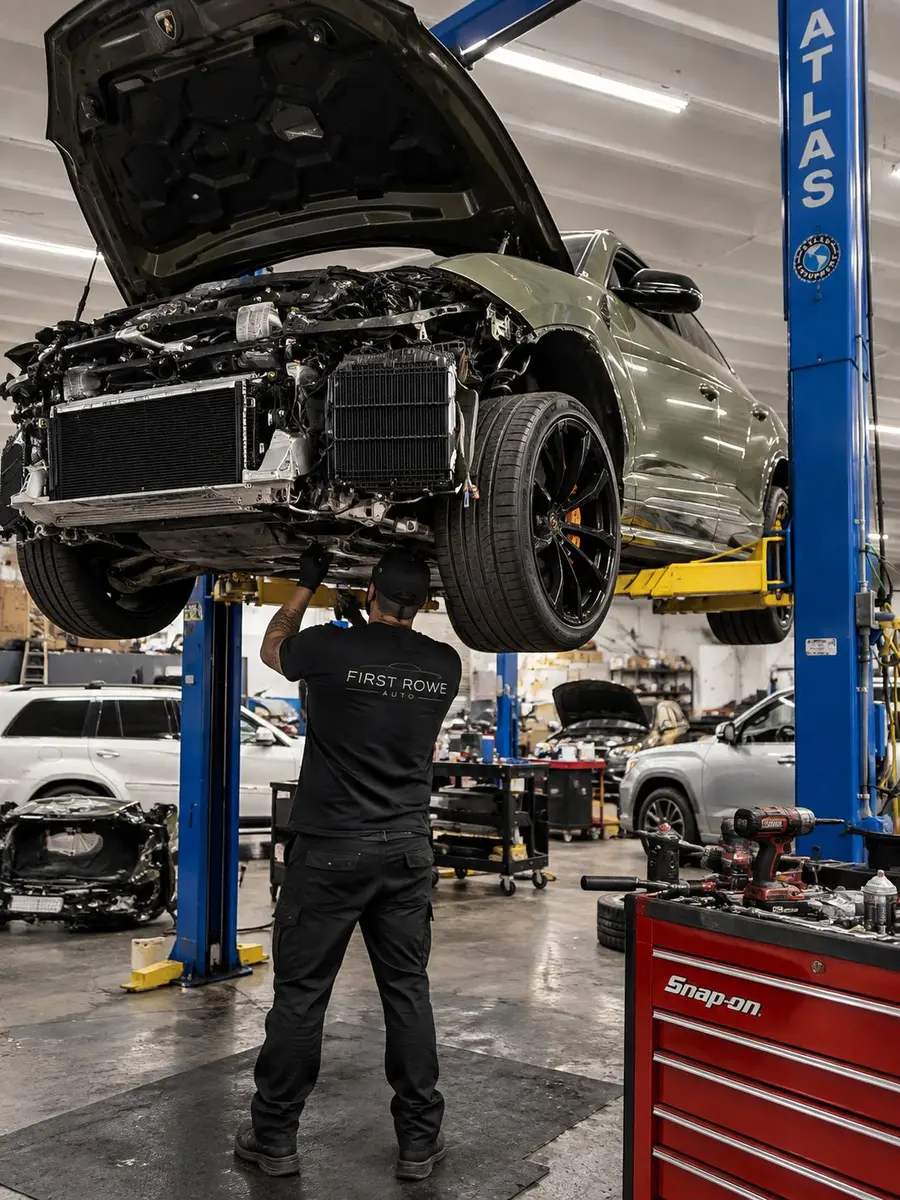 Technician working under a car raised on a lift