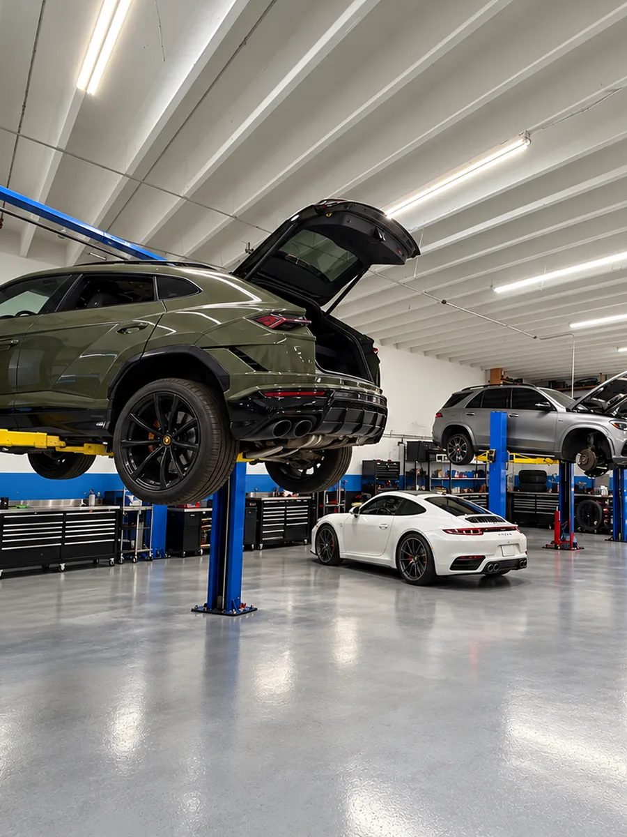 Inside the shop: a Lamborghini Urus on a lift, a Porsche 911 and a Mercedes in the bays