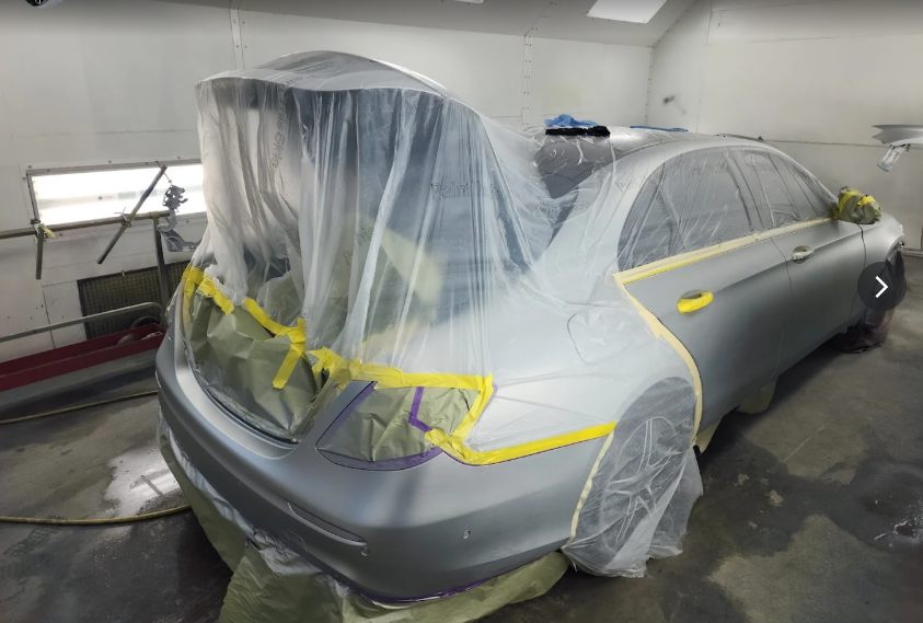 Vehicle masked and prepped in our paint booth